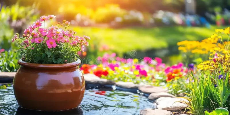 clear-glistening-water-streams-rustic-clay-pot-encircled-rich-greenery-bright-flowers-invoking-feeling-calm-357572200
