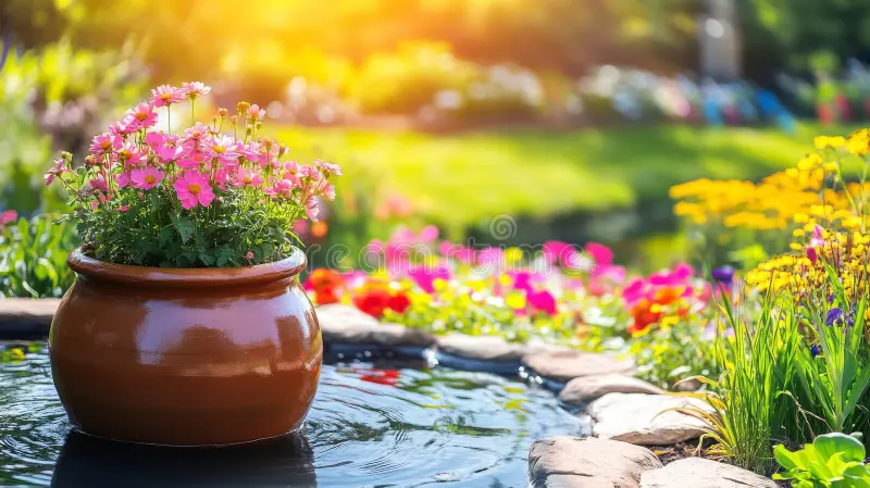 clear-glistening-water-streams-rustic-clay-pot-encircled-rich-greenery-bright-flowers-invoking-feeling-calm-357572200